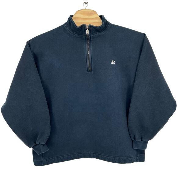 Vintage 90s y2k Men's XL Russell Athletic Navy Blue Blank quarter zip Sweatshirt - Picture 1 of 4